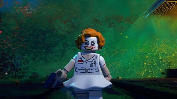 LEGO® Batman™: Legacy of the Dark Knight screenshot: A character in a nurse outfit stands amidst a swirling green background.