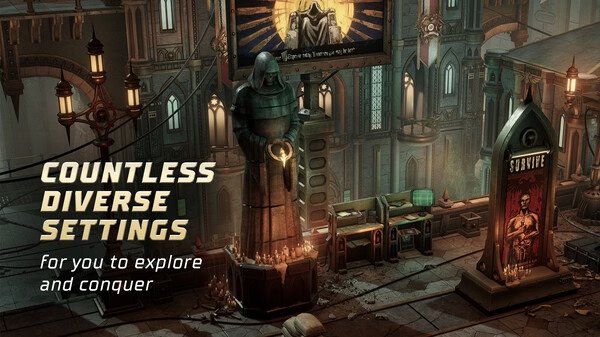 Screenshot of Warhammer 40,000: Rogue Trader showing a detailed gothic cityscape with statues, candles, and illuminated structures.