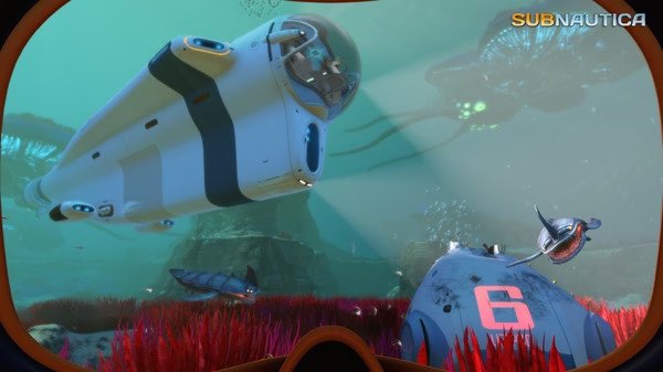 Subnautica screenshot showing a submerged vehicle exploring a vibrant underwater landscape with alien creatures and coral.