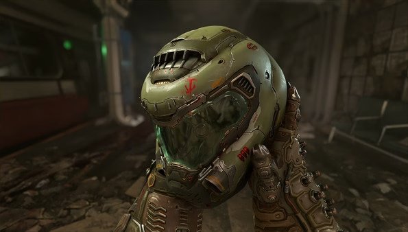 DOOM Eternal screenshot: A detailed hand holds a futuristic helmet with red markings, set in a gritty, damaged corridor environment.
