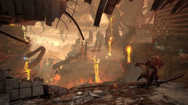 DOOM Eternal screenshot: A fiery, apocalyptic cityscape with lava flows and a demon crouching amidst destroyed structures.