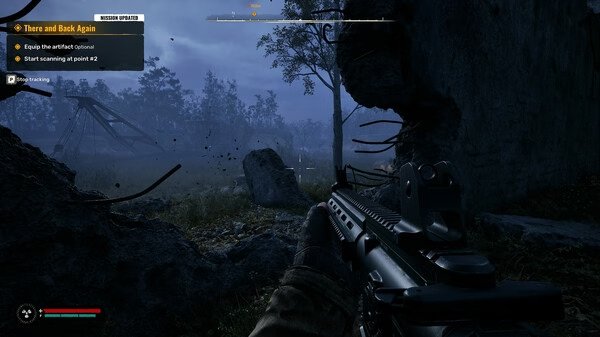 A S.T.A.L.K.E.R. 2: Heart of Chornobyl screenshot shows a player aiming a rifle in a desolate, foggy landscape with mission objectives displayed.