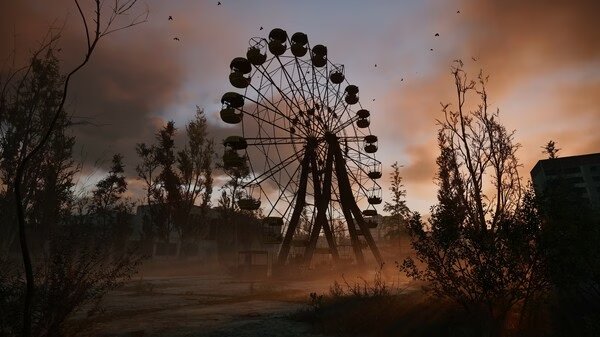 Screenshot from S.T.A.L.K.E.R. 2: Heart of Chornobyl showing a rusted Ferris wheel at sunset amidst a desolate landscape.
