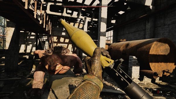 Screenshot from S.T.A.L.K.E.R. 2: Heart of Chornobyl showing a player aiming a weapon at a monstrous creature in a dilapidated building.