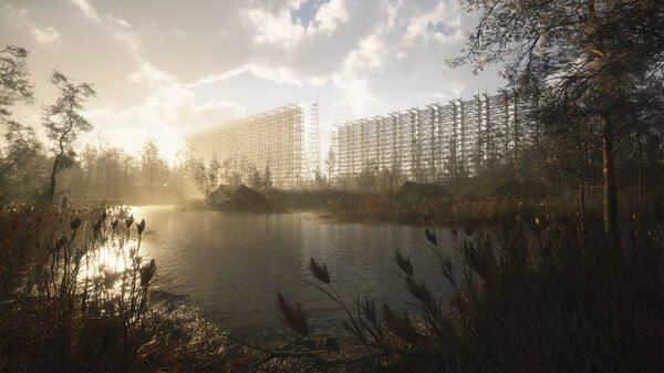 Screenshot from S.T.A.L.K.E.R. 2: Heart of Chornobyl showing a serene lake with towering radar structures in the background.