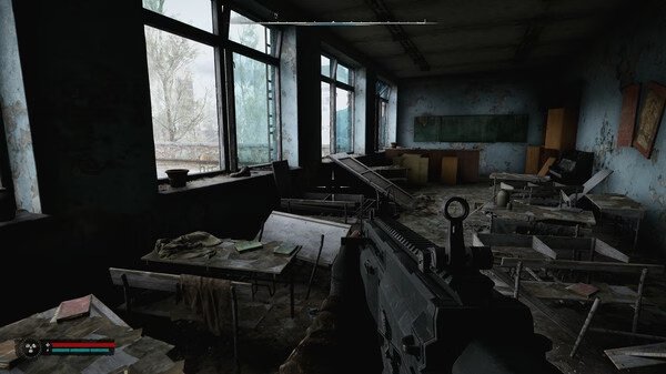 Screenshot from S.T.A.L.K.E.R. 2: Heart of Chornobyl showing a dilapidated classroom with broken furniture and an assault rifle in view.