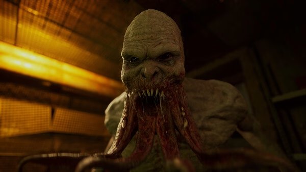 Screenshot from S.T.A.L.K.E.R. 2: Heart of Chornobyl showing a mutant creature in a dark, industrial setting.