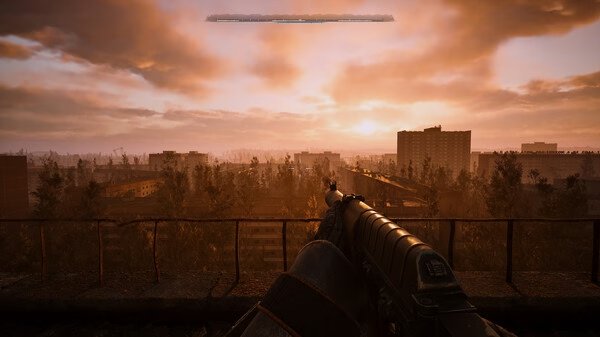 Screenshot from S.T.A.L.K.E.R. 2: Heart of Chornobyl showing a gun aiming at a cityscape during a dramatic sunset.