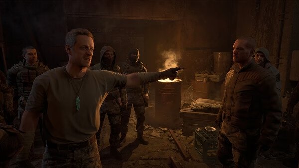 Screenshot from S.T.A.L.K.E.R. 2: Heart of Chornobyl showing a tense standoff between armed characters in a dimly lit room.