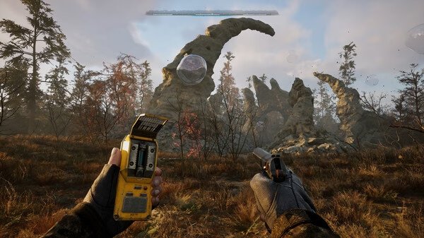 In this S.T.A.L.K.E.R. 2: Heart of Chornobyl screenshot, a player holds a detector and a pistol in a desolate landscape.