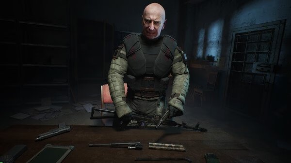 Screenshot from S.T.A.L.K.E.R. 2: Heart of Chornobyl showing an armored character assembling a weapon in a dimly lit room.