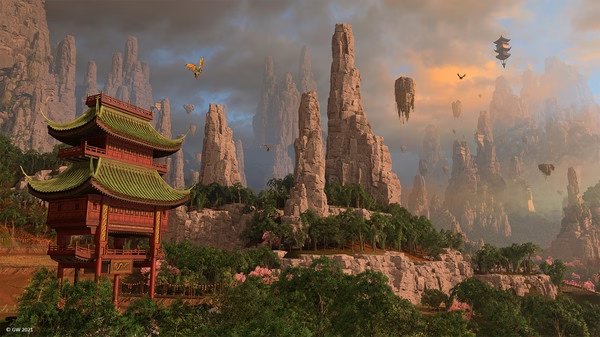 Screenshot from Total War: WARHAMMER III showing a pagoda amidst towering mountains and floating islands under a colorful sky.
