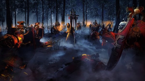 Total War: WARHAMMER III screenshot showing a tense standoff between armored warriors and a robed figure in a misty forest.