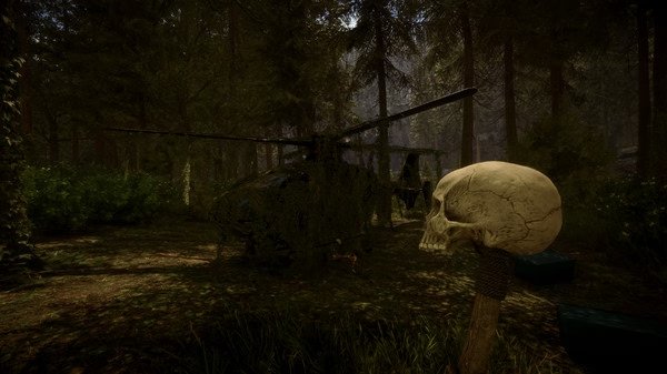 Sons Of The Forest screenshot: A helicopter covered in foliage sits in a dense forest, with a skull on a stick in the foreground.