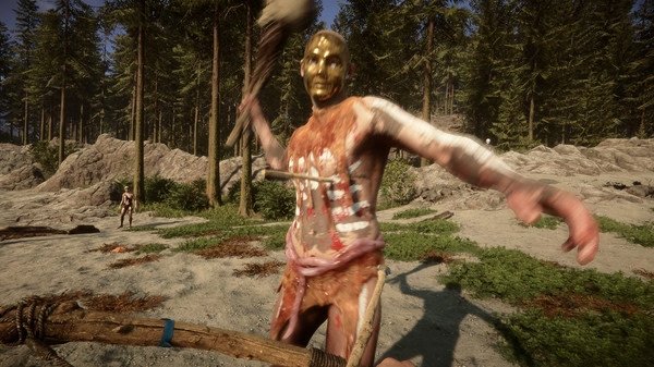 Screenshot from Sons Of The Forest showing a mutant attacking with a club in a forested area.