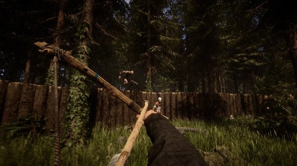 Sons Of The Forest screenshot: A player aims a spear at two approaching enemies over a wooden barrier in a dense forest setting.