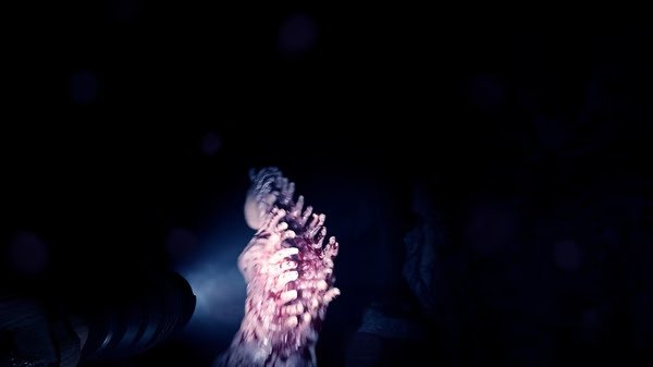A Sons Of The Forest screenshot showing a flashlight illuminating a grotesque, multi-limbed creature in a dark cave.
