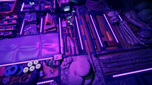 A "Sons Of The Forest" screenshot showing an inventory laid out with tools, bones, and other survival items illuminated in purple.