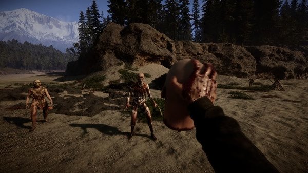 Screenshot from Sons Of The Forest showing a player holding a severed head while two mutants approach in a forested area.