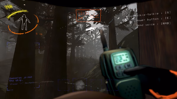 Screenshot from Lethal Company showing a player holding a walkie-talkie in a dark, misty forest setting.