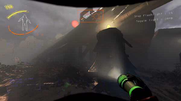Lethal Company screenshot: A player shines a flashlight at a dark structure under a foggy sky, with game HUD elements visible.