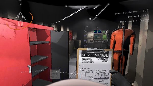Lethal Company screenshot: A player holds a clipboard reading "Service Manual" in a dim room with shelves, monitors, and an orange suit.