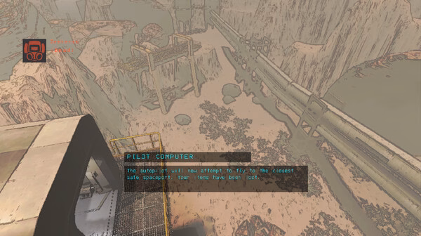 Screenshot from Lethal Company showing a desert landscape with cliffs, a bridge, and a pilot computer interface in the foreground.