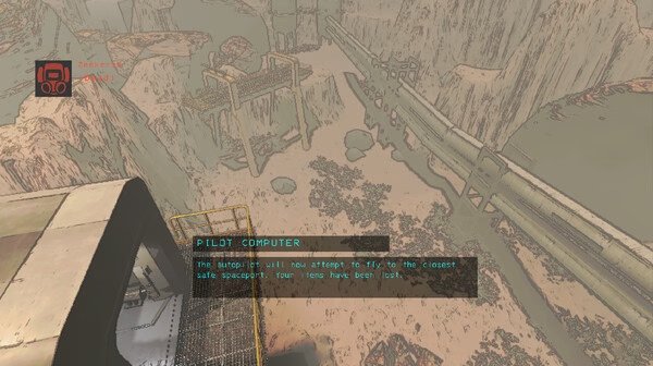 Screenshot from Lethal Company showing a desert landscape with cliffs, a bridge, and a pilot computer interface in the foreground.