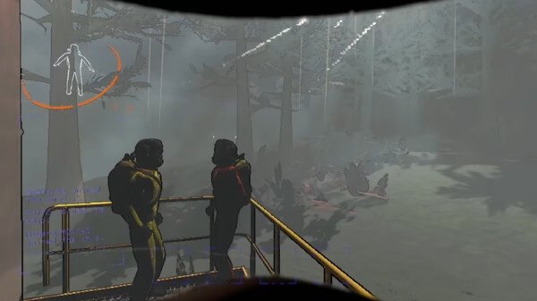 Screenshot from Lethal Company showing two characters in hazmat suits on a platform overlooking a foggy forest.
