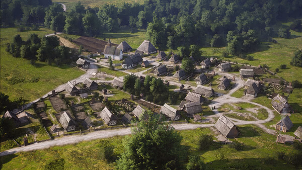 Screenshot from Manor Lords showing a medieval village with rustic houses and lush greenery in a serene landscape.