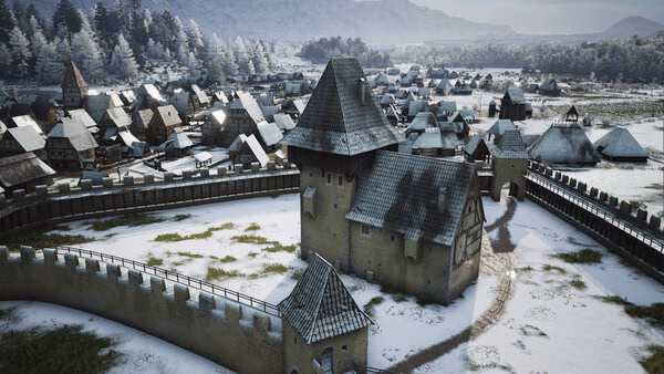 Screenshot from Manor Lords showing a fortified medieval town with snow-covered rooftops and surrounding forest.