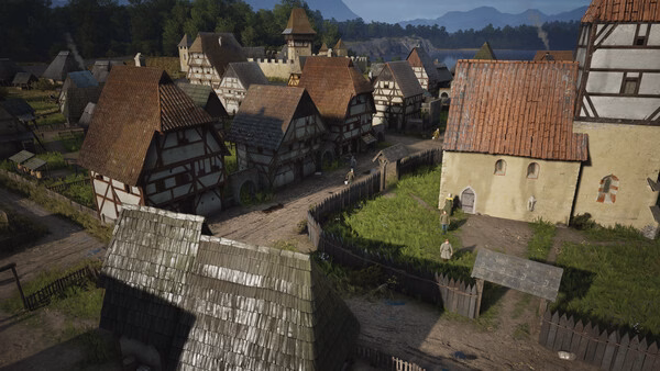 A Manor Lords screenshot showing a medieval village with timber-framed houses, cobblestone paths, and lush greenery under a clear sky.