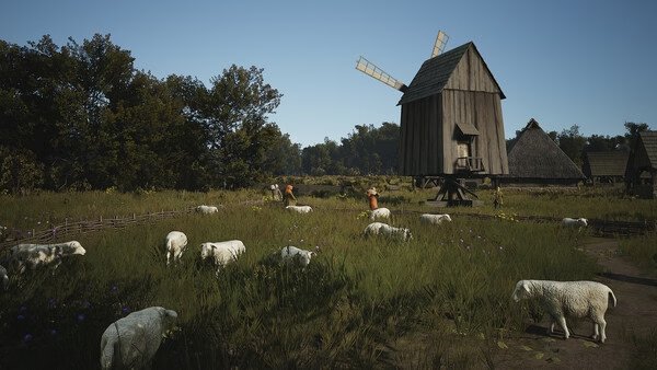 A Manor Lords screenshot showing sheep grazing in a grassy field near a wooden windmill and villagers working in the background.