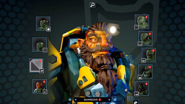 Deep Rock Galactic: Rogue Core screenshot showing a character selection menu with a dwarf in armor surrounded by other character options.