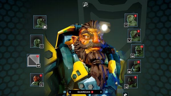 Deep Rock Galactic: Rogue Core screenshot showing a character selection menu with a dwarf in armor surrounded by other character options.