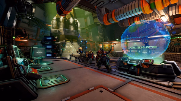 Screenshot from Deep Rock Galactic: Rogue Core showing miners in a futuristic base with a glowing mission selection hologram.