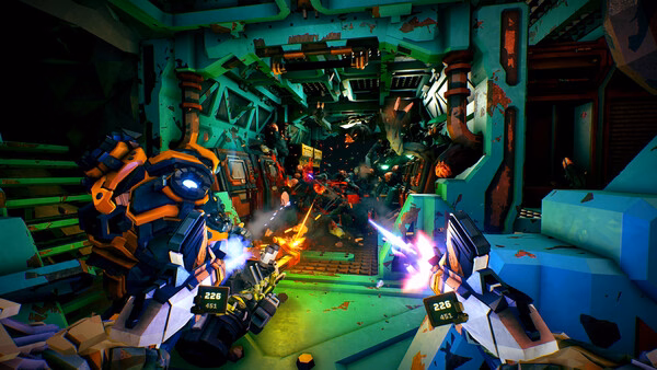 Screenshot from Deep Rock Galactic: Rogue Core showing a player character firing weapons at insect-like alien creatures in a cave.