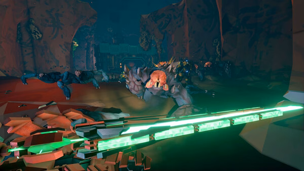 Screenshot from Deep Rock Galactic: Rogue Core showing a glowing weapon aimed at alien creatures in a rocky cave environment.