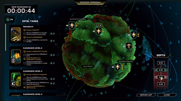 Screenshot from Deep Rock Galactic: Rogue Core showing the mission terminal, planet map, intel tasks, and mission selection interface.