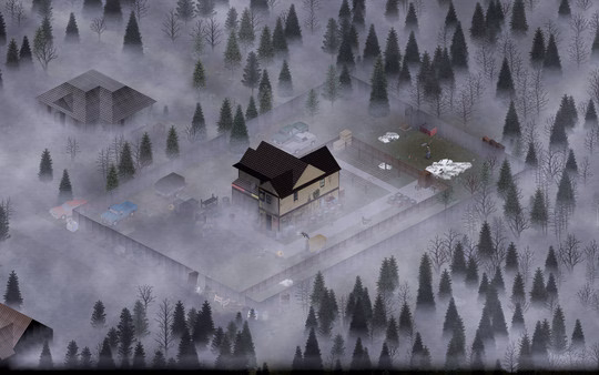 A Project Zomboid screenshot shows a foggy, fenced compound with a house, trees, and various items scattered outside.