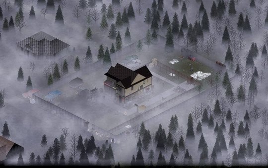 A Project Zomboid screenshot shows a foggy, fenced compound with a house, trees, and various items scattered outside.