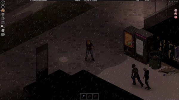 Screenshot from Project Zomboid showing a character standing in the rain near a vending machine and two shadowy figures.