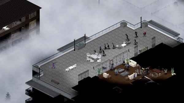 Project Zomboid screenshot: A group of characters gather on a foggy rooftop, some seated at tables, others standing or walking around.