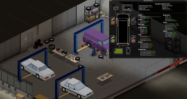 Project Zomboid screenshot: A garage with cars on lifts, tools scattered, and a vehicle repair menu displayed in the corner.