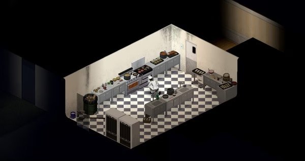 A Project Zomboid screenshot showing a character in a detailed kitchen with various appliances and supplies on countertops.