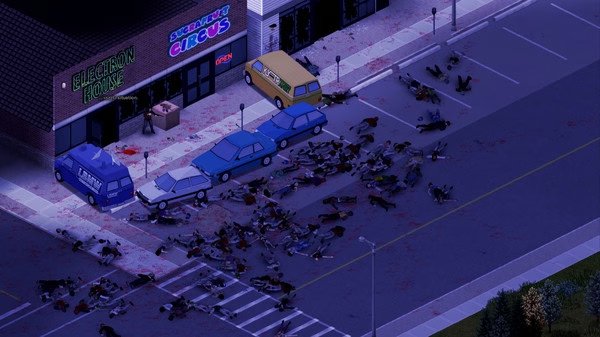 Project Zomboid screenshot showing a street littered with zombie corpses, parked vehicles, and storefronts at night.