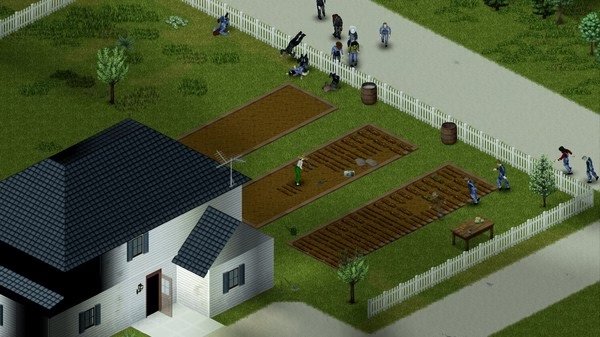 Screenshot from Project Zomboid showing a player working in a garden while zombies approach near a white fenced area.