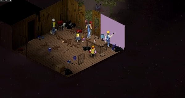 Project Zomboid screenshot: Characters in construction hats work in a dimly lit, partially built wooden room at night.
