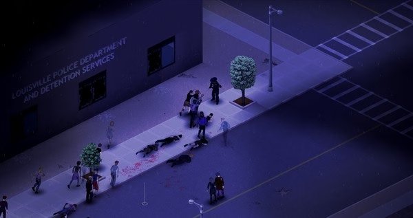 Project Zomboid screenshot: Survivors confront zombies outside the Louisville Police Department at night, with scattered bodies on the sidewalk.