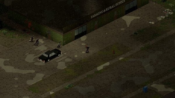 Project Zomboid screenshot: A lone survivor stands near zombies outside a Farming & Rural Supply store on a rainy day.